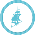 Logo con nave stilizzata su sfondo bianco e bordo blu a strisce.