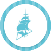 Logo con nave stilizzata su sfondo bianco e bordo blu a strisce.